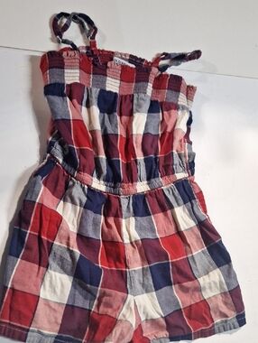 Old Navy Red Navy Cream Plaid Smocked Romper